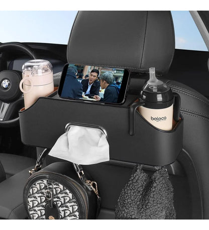 4-en-1 Organiseur Voiture : Porte-Gobelet, Mouchoirs & Support Téléphone..