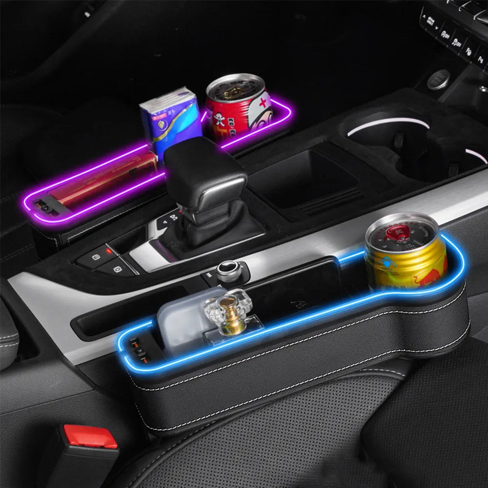 2 Organisateur de Siège Voiture Cuir LED 7 Couleurs avec Porte-Gobelet