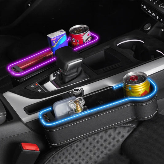 2 Organisateur de Siège Voiture Cuir LED 7 Couleurs avec Porte-Gobelet